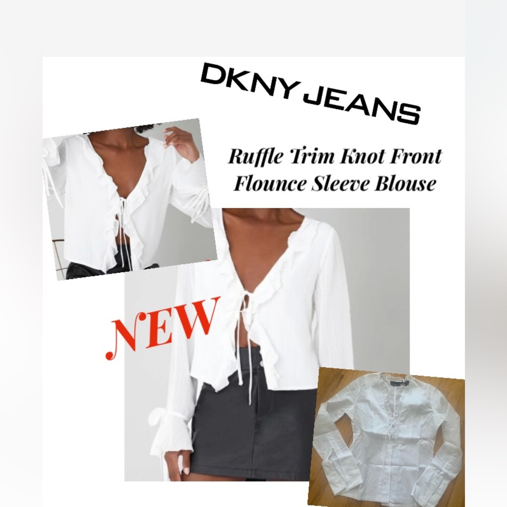 NEW DKNY Jean Ruffle Trim Knot Front Flounce Sleeve Blouse
